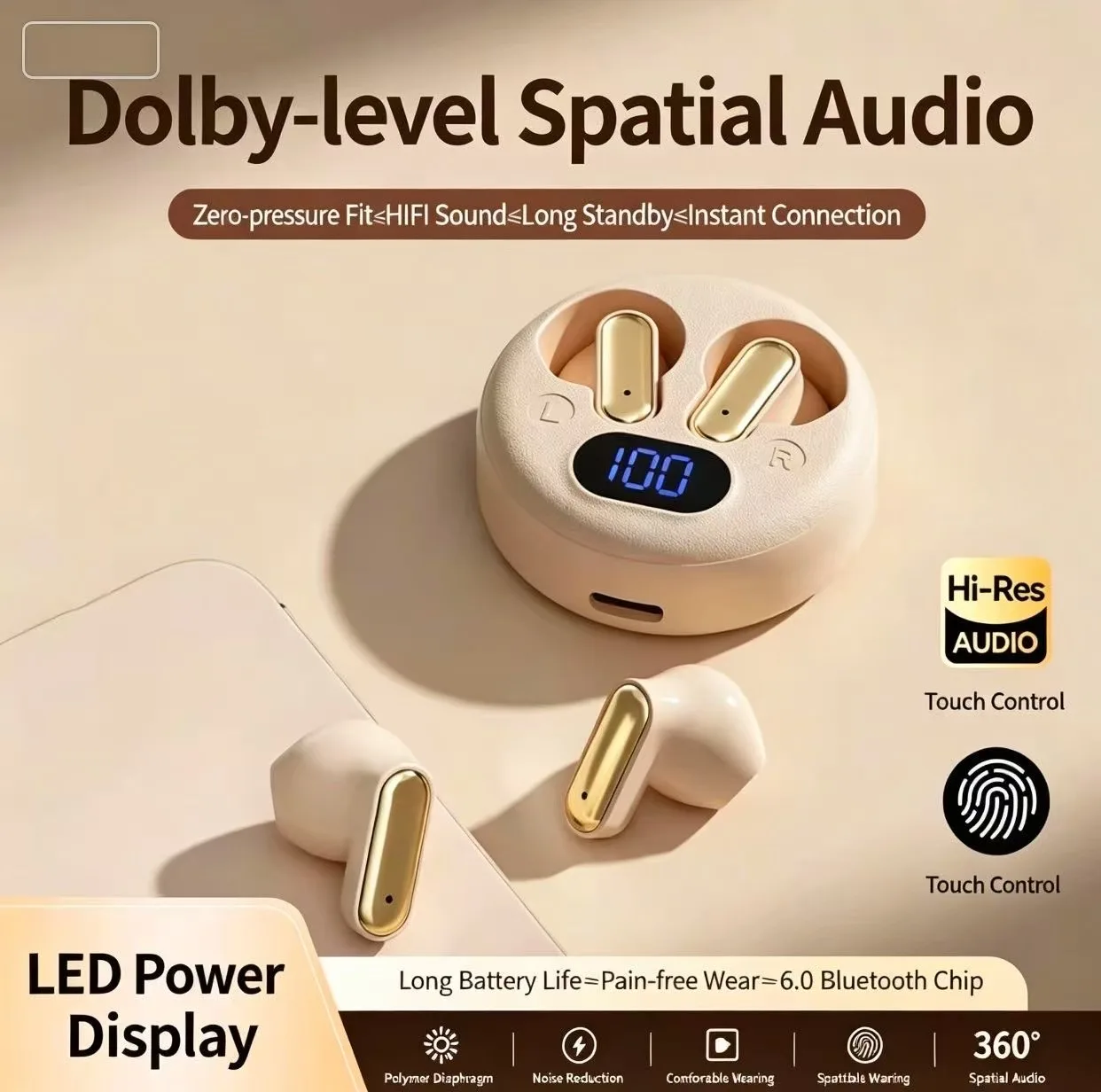 Wireless Bluetooth Earphones Premium Stereo Sound TWS Earbuds Digital Power Display Touch Control Type-C Fast Charging Sports He