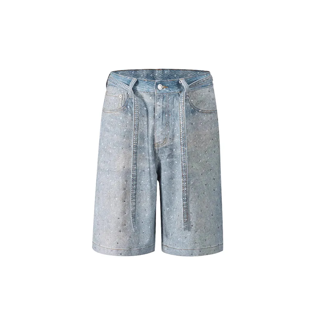 2025 Spring/Summer New Women's Loose Cowboy 5-point Pants with Full Hot Stamping Diamond and Additional Belt