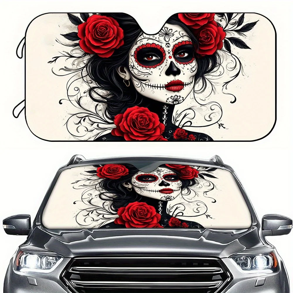 1pc Car Sunshade, Rose Skull Makeup Car Sun Visor, Front Windshield Sunshade, HD Printed Sunshade, Easy To Install, Suitable For