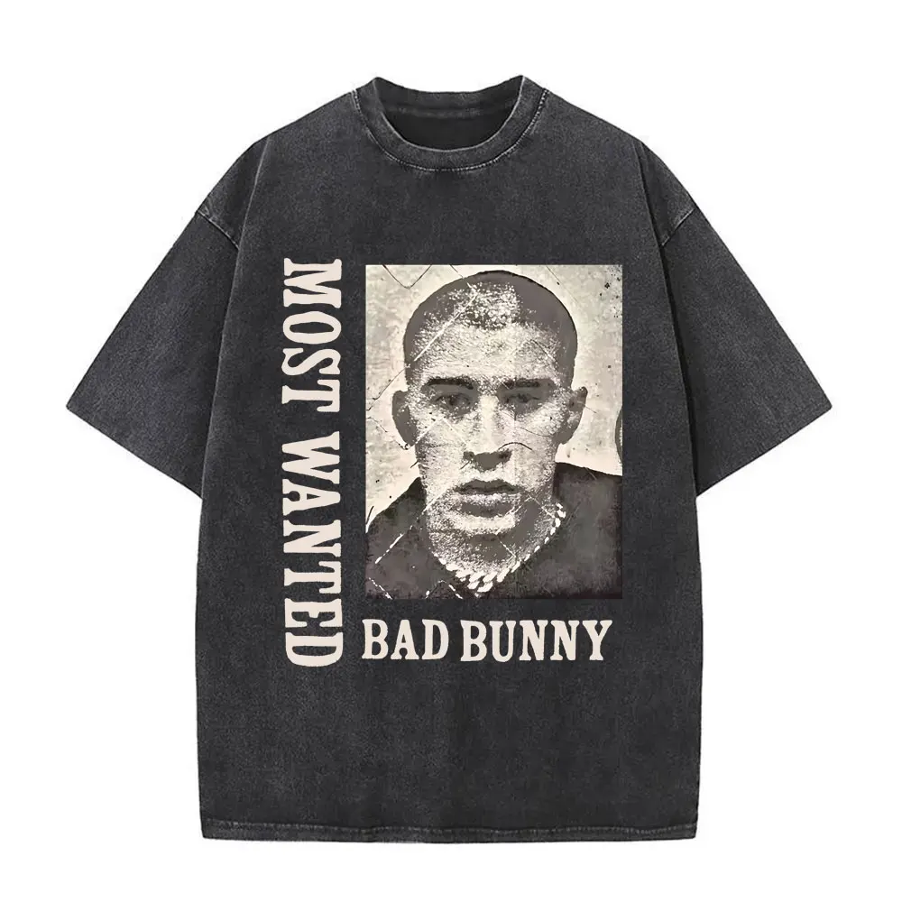 

Washed Vintage Bad Bunny Most Wanted Face Graphic T-shirt Men's Fashion Trend Streetwear Men Women Hip Hop Oversized T Shirts