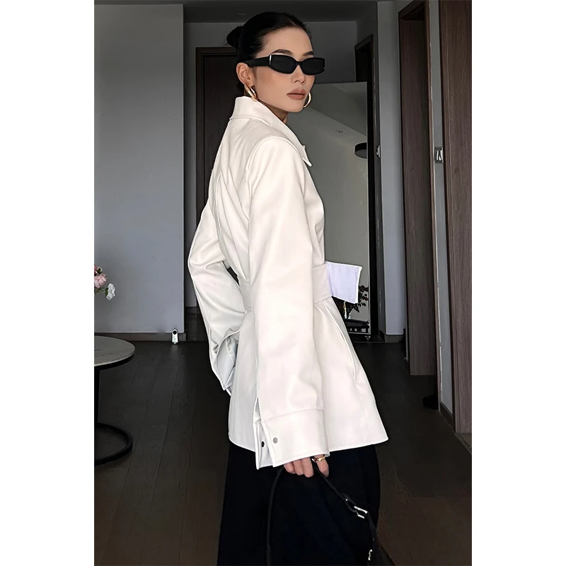 CIZZLEMORE Mid-Length Leather Jaet White Belt Simple Sli Long Sve  Collar Outerwear for Young Women Commute Sle