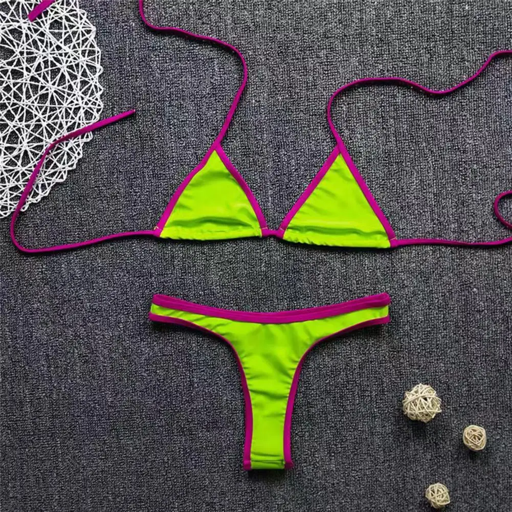 Women Triangle Bikini Set, Halter Tie Top & High Cut Thong, Summer Two Piece Swimsuit, Sexy Bathing Suit for Beach Pool Party