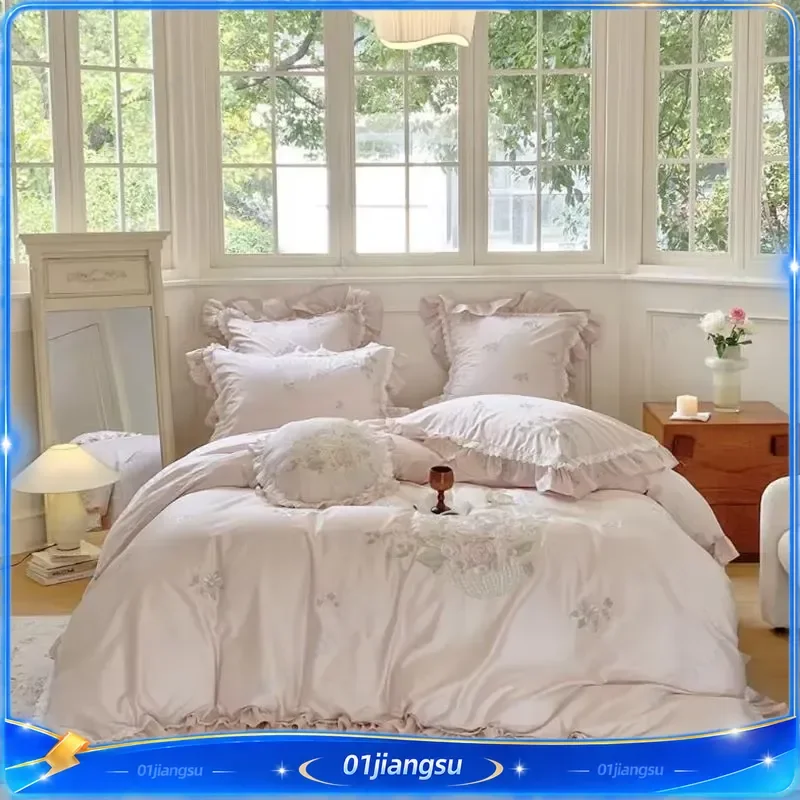 Lychee Rose 100 Thread Count Long Staple Cotton French Embroidery Pure Cotton 4 Piece Bedding Set Princess Girl Lace All