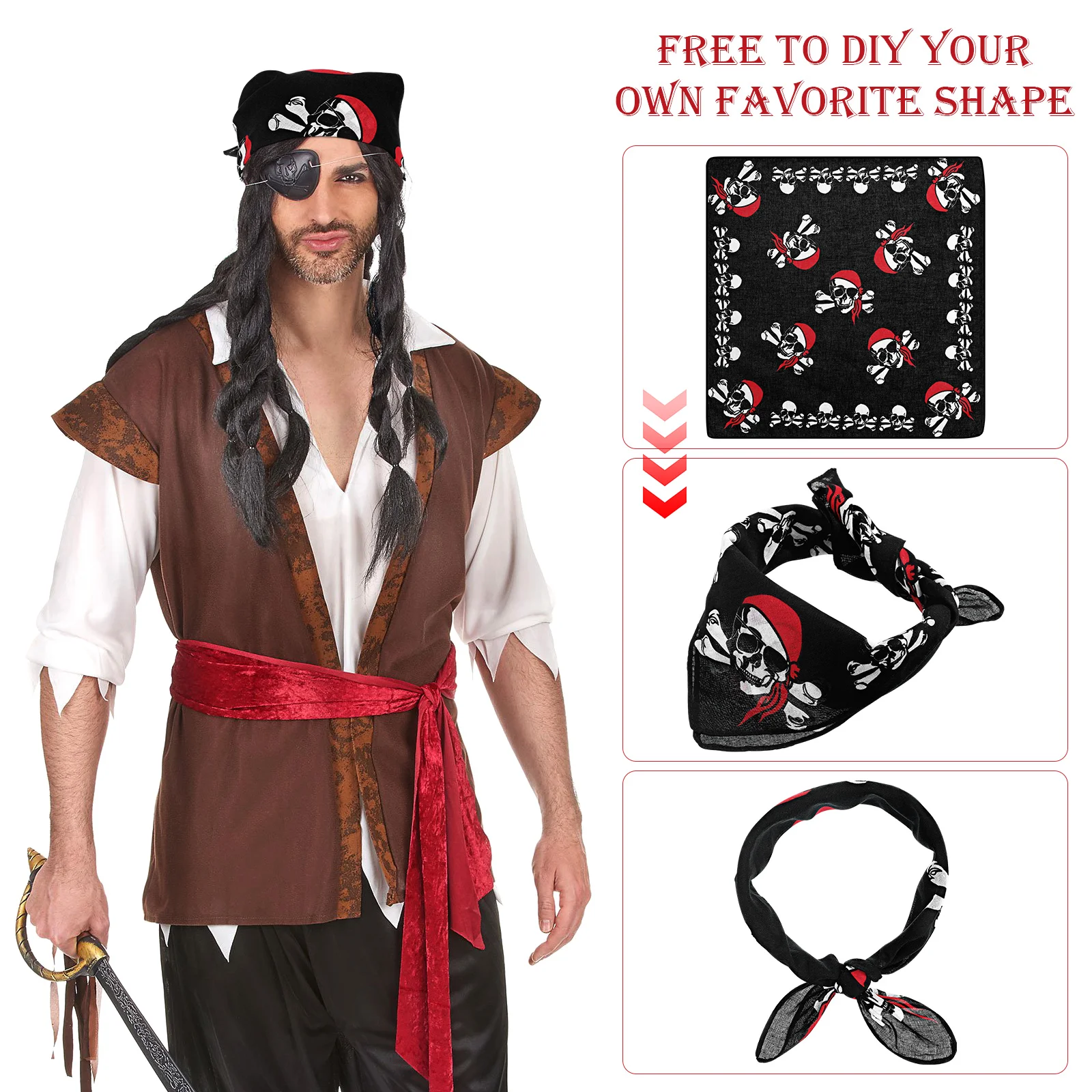 6 Pcs Kids Pirate Accessories Bandana Costume Head Scarf Handkerchief Skull Halloween