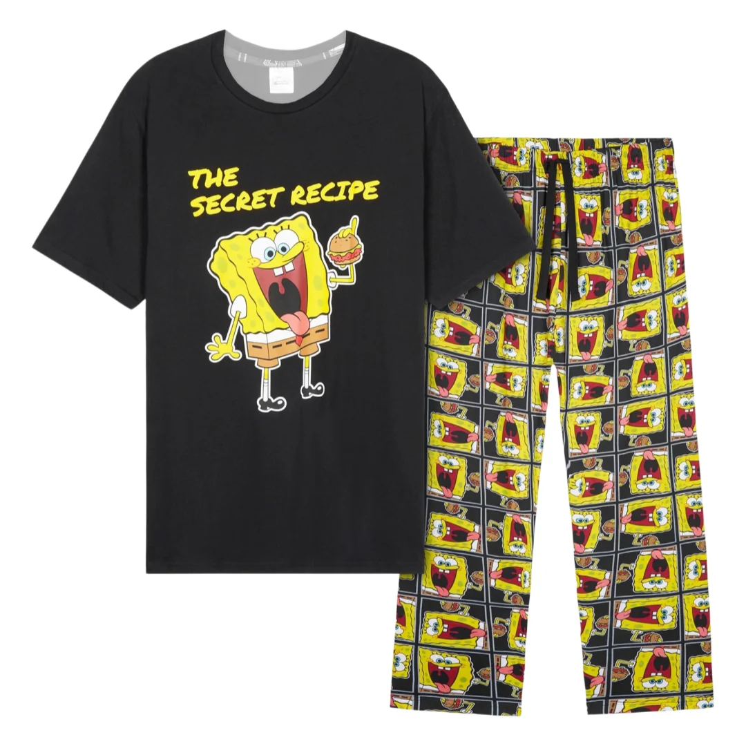 Potdemiel SpongeBob SquarePants Pajama Cartoon Adult Kids T-Shirt & Wide-leg Pants Set Family Summer Quick-dry Soft Lightweight