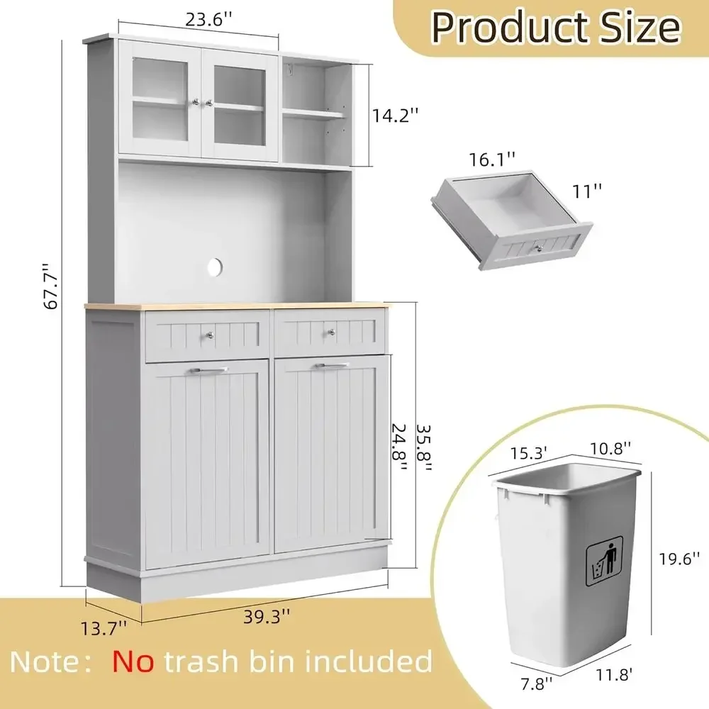 20 Gallon Dual Wooden Trash Bin with Hideaway Holders, Standing Recycling Cabinet for Kitchen (White)