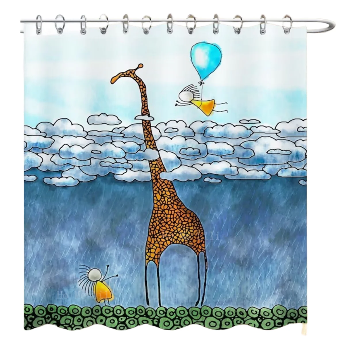 Cartoon Art Giraffe Swing Soaring Into The Sky Minimalist Bathroom Decor Waterproof Shower Curtain