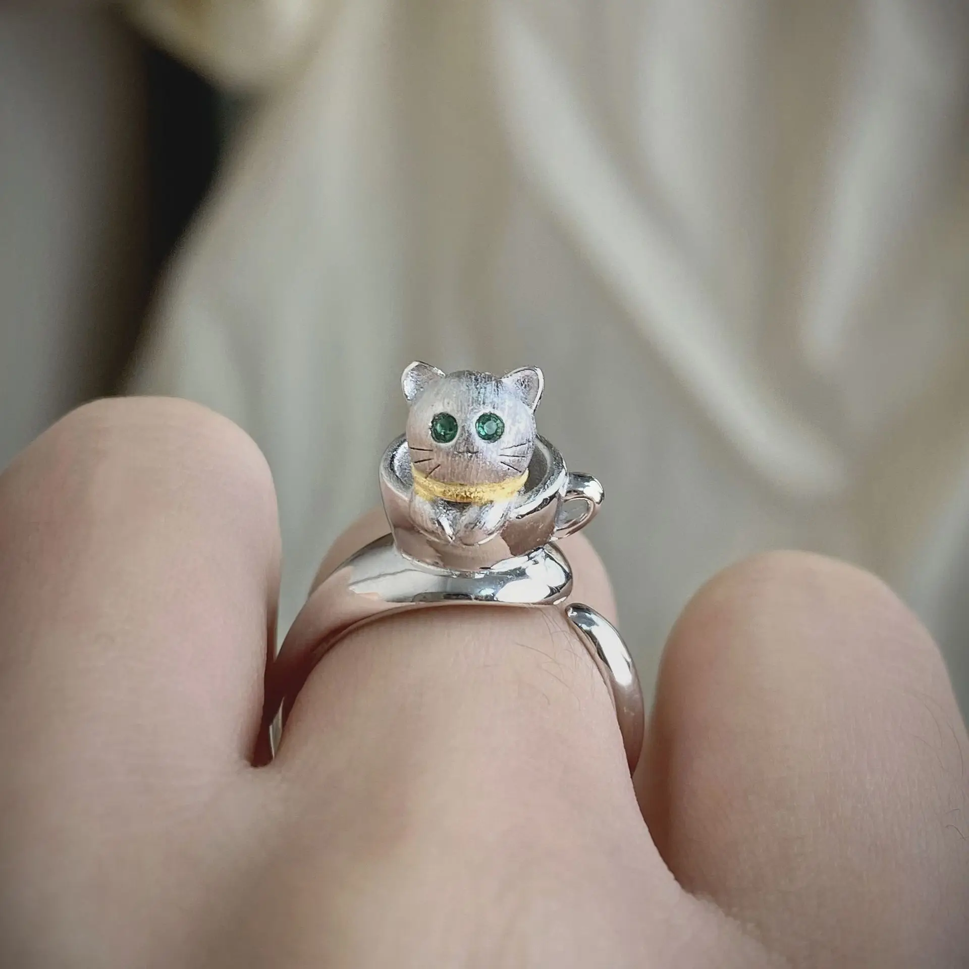 

Personalized Three-dimensional Small Tea Cup Cat Ring Female Niche Design Personalized Fun Childlike Ring Open Silver Color Ring