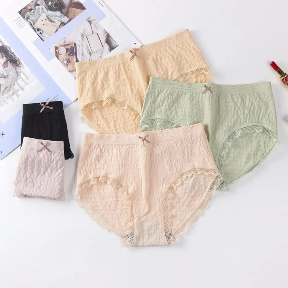 Soft Slim Breathable Graphene Mid Waist Sweet Ruffles Bow Lace Panties Cotton Texture Wrinkled Briefs Women Intimates