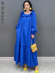 SHENGPALAE 2024 Spring New Dress For Women Solid Long Sleeved Ruffle Collar Casual Loose Long Dress Elegant Ladies Robe 5R9593