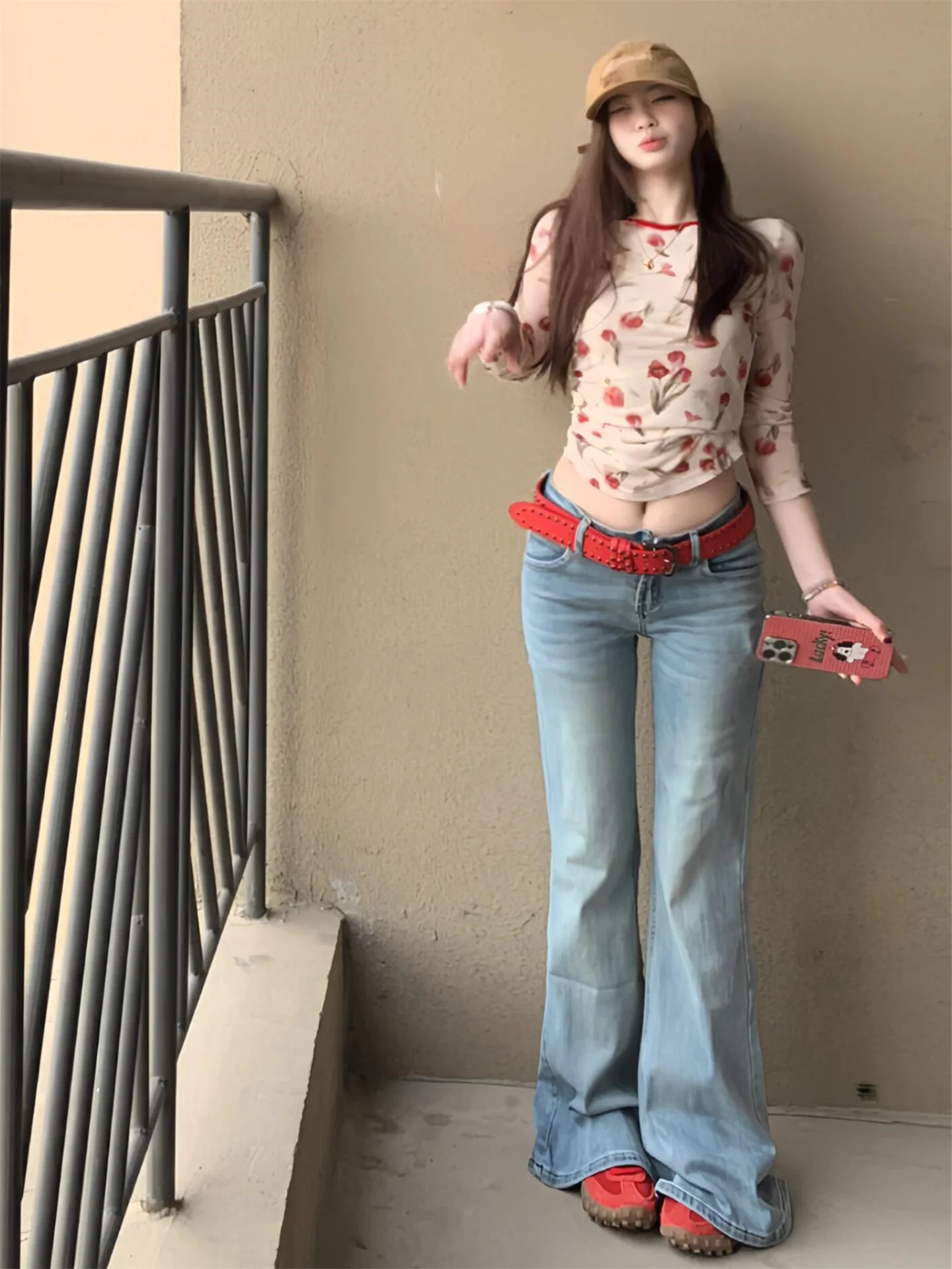 Light Blue Low Waist Flared Jeans Women's Loose Slimming Tall Extended Non-Matching Leg Casual Floor-Length Pants