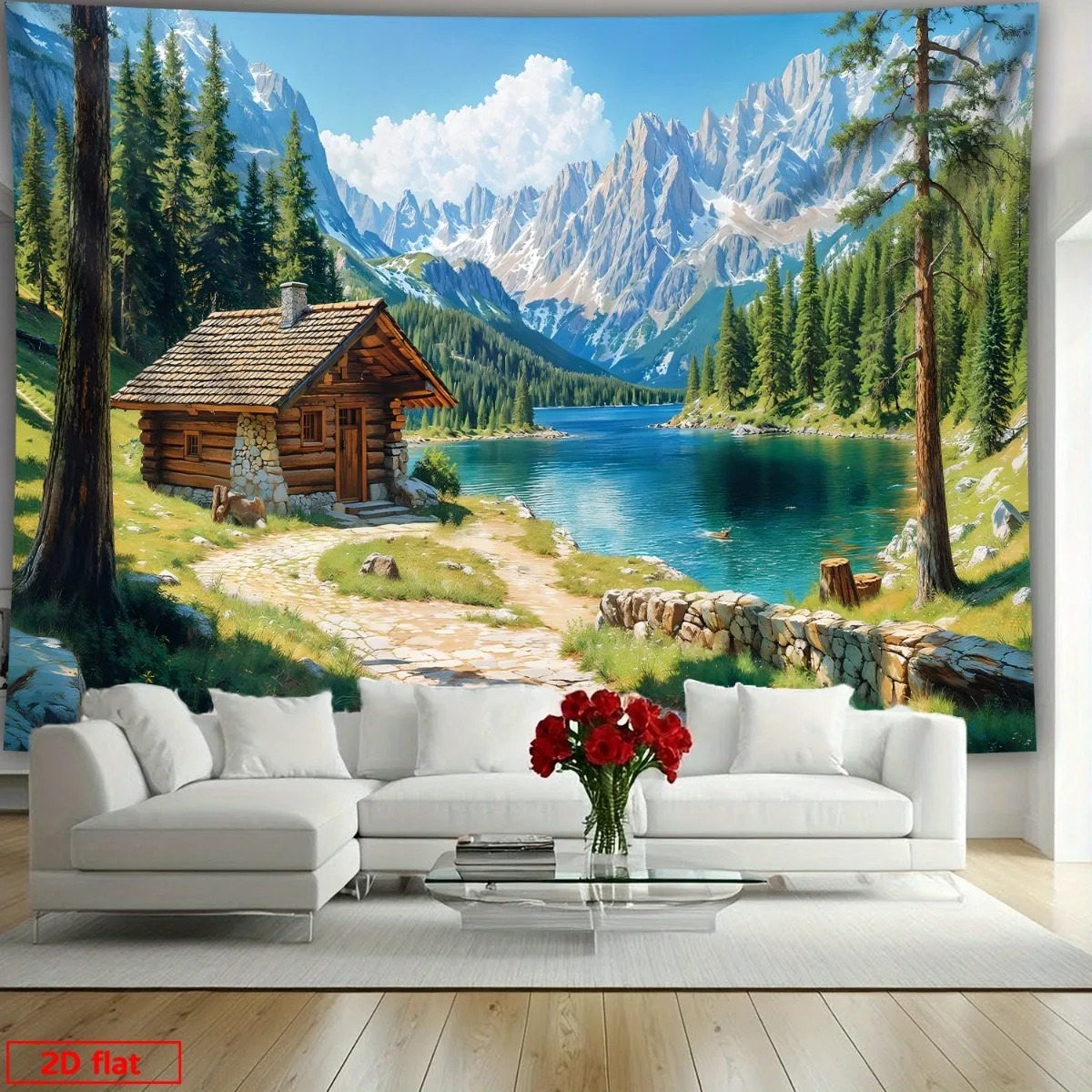 Large Mountain Cabin Lake Forest Tapestry Wall Hanging Realistic Nature Decor Scroll Print Home Decor Artwork