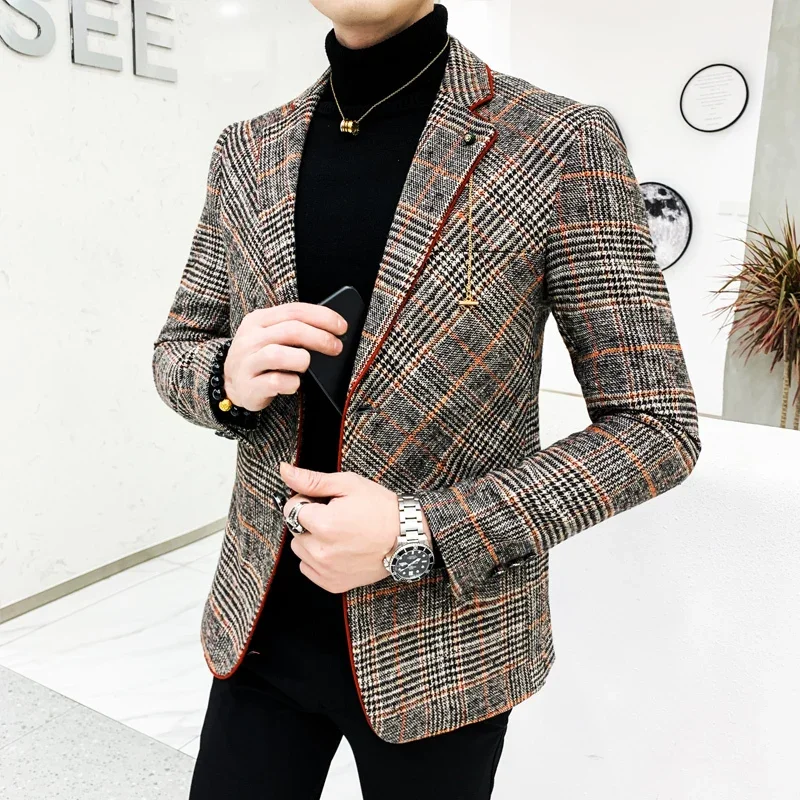 

Men Wool Blend Blazer Plaid Suit Jacket Men Blazer Masculino Vintage Terno Masculino Blazers Men Terno Masculino Blaser Homens