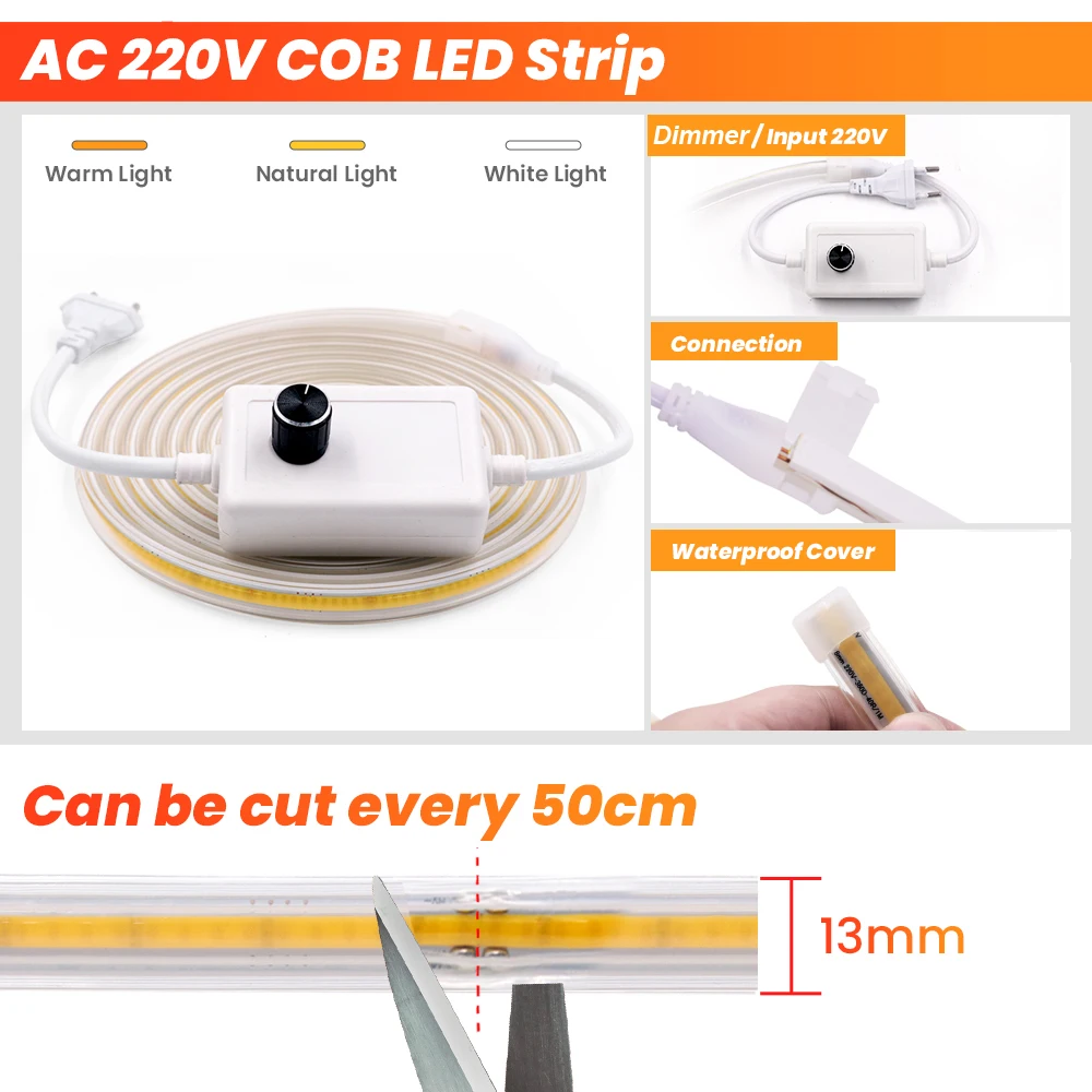 220V pasek COB Led światła 360 led/m ściemniania oświetlenie liniowe regulowany Brightnes elastyczne LED lampa z przełącznikiem ściemniacz zestaw