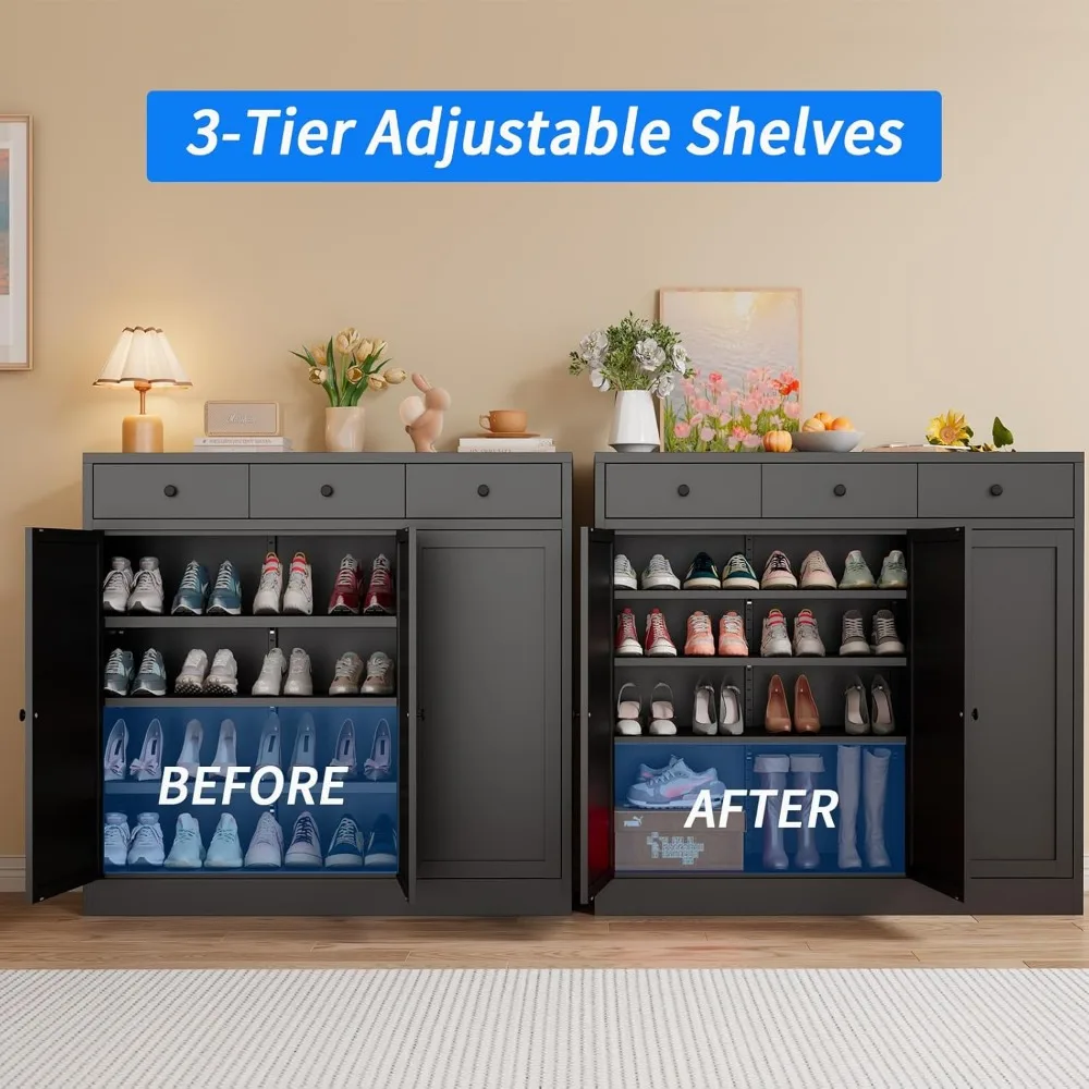 Quality productShoe Storage Cabinet with 3 Doors, Metal Shoe Cabinet with Drawers, Freestanding Shoe Rack with Adjustable Shelve