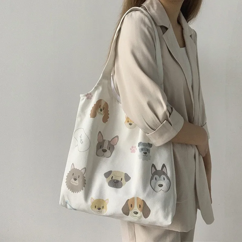 Floral Fruit Dog Printing Large Capacity Canvas Tote Bag Reusable Foldable Cotton Canvas Shopping Bag