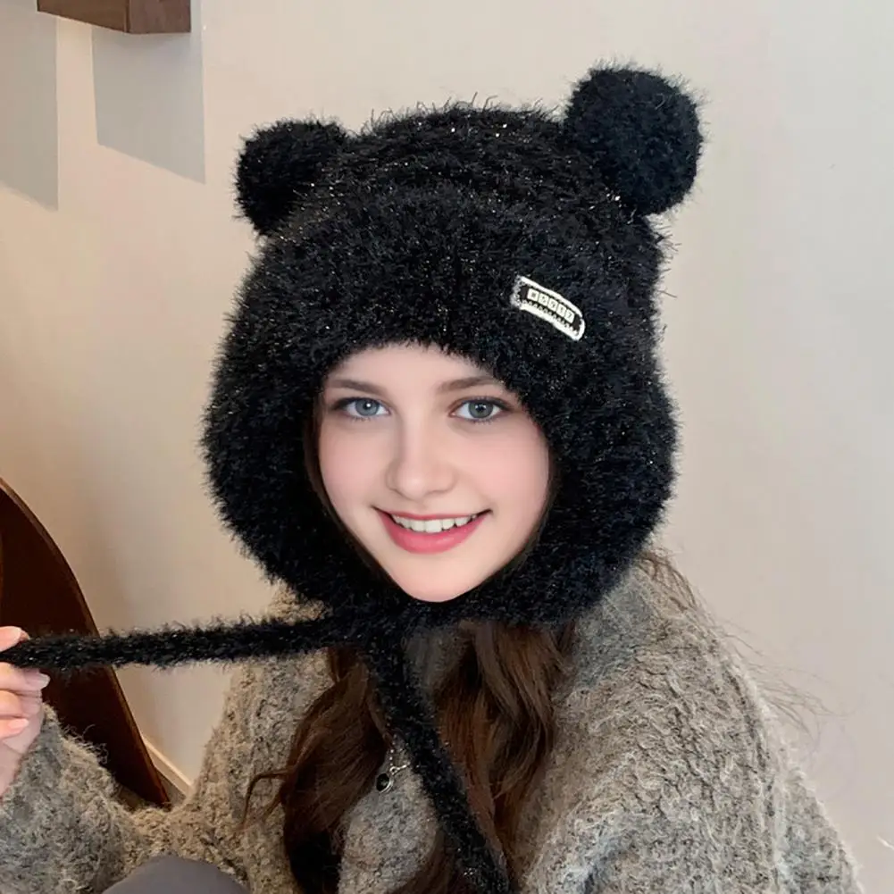 Stylish Unisex Knit Cap Winter Warm Knit Hat Winter Plush Knitted Hat for Women with Bear Ears Elastic Thermal Cap for Weather