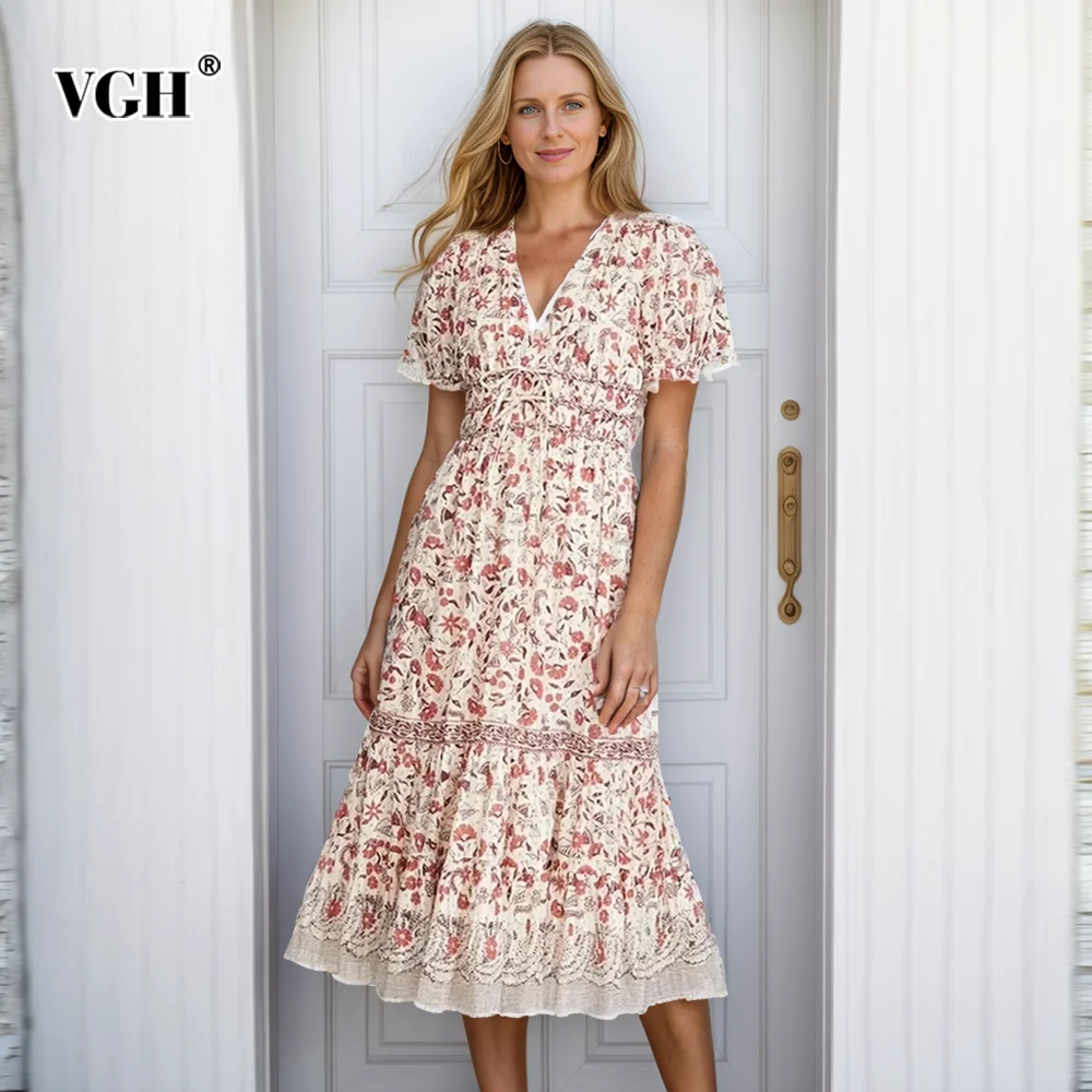 VGH Summer Sheer Printing Dresses For Women V Neck Short Sleeve High Waist Patchwork Lace Up Elegant Dress Female 2024 Clothing