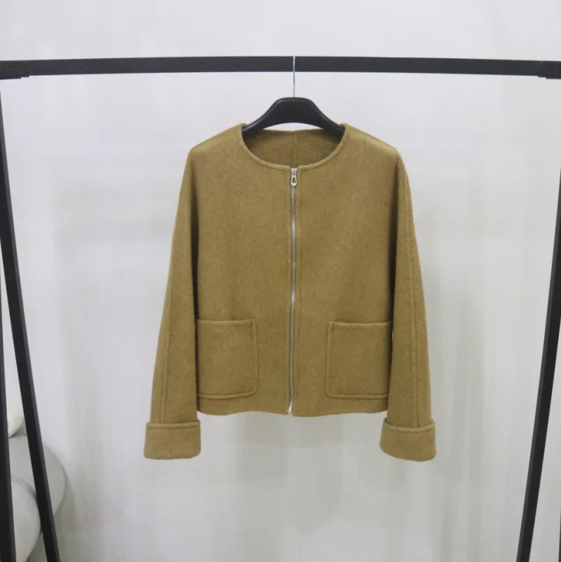 

Women's Elegant O Neck Long Sleeve Pockets Wool Jacket Lady Elegant Solid Color Zipper Loose Wool Jacket Outwear