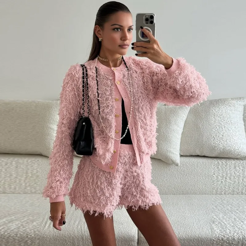 

Tuularose Women's Shorts Set Autumn New Cardigan Jacket High Waisted Shorts Set Vintage Plush Patchwork Luxury Female Shorts Set