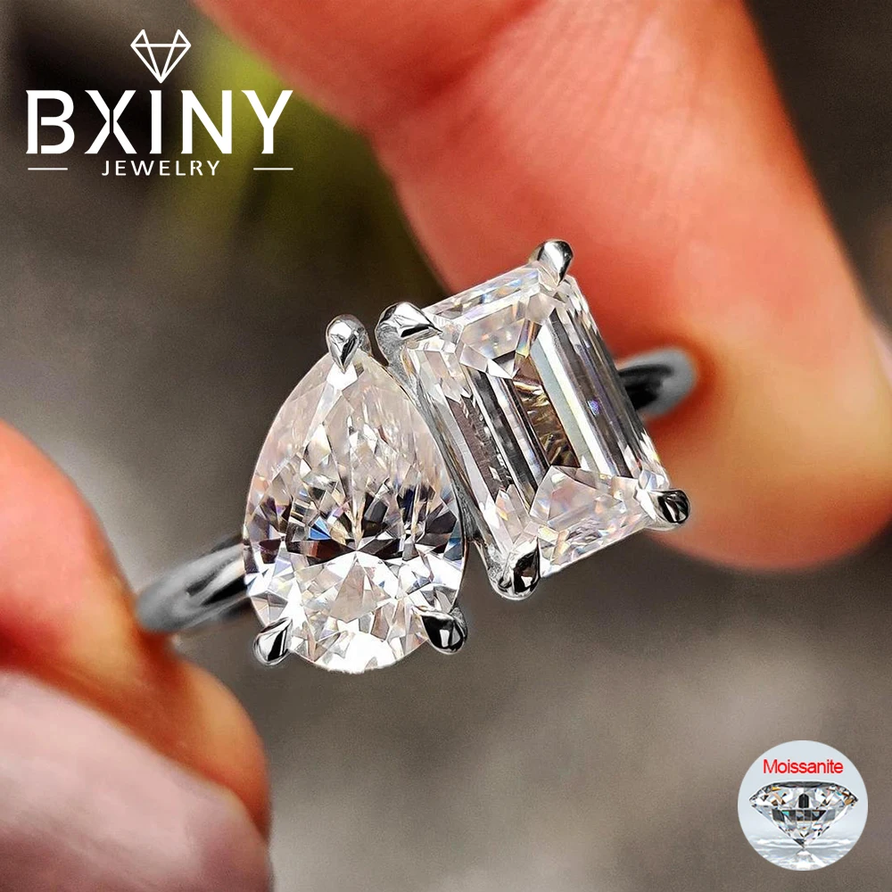 

BXINY 4CTTW Emerald & Pear Cut Moissanite Rings 925 Sterling Silver for Women 2-Stone Lab Diamond Wedding Band Gift Fine Jewelry
