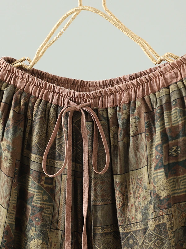 Pantalon rétro en coton et lin, jambes larges, imprimé, taille élastique, Vintage, taille haute, Long, pour automne et hiver