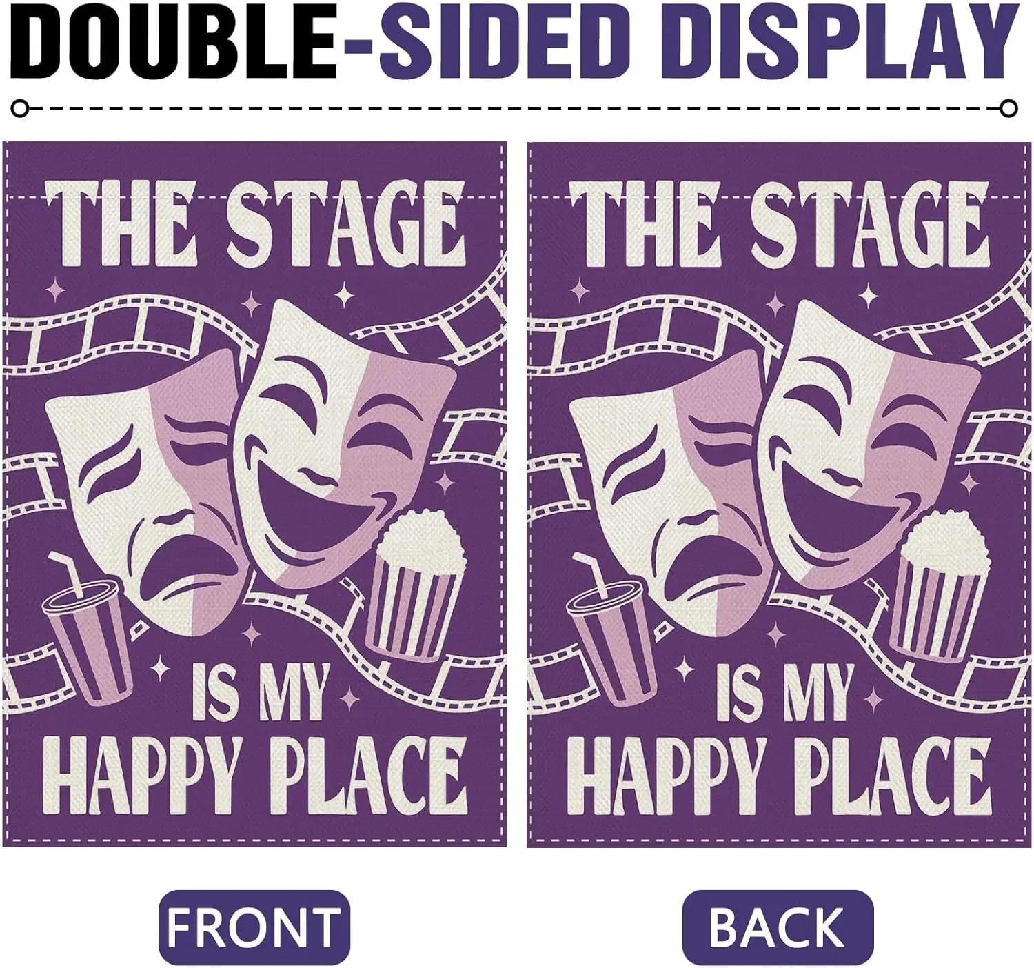 Dyrenson The Stage is My Happy Place Theater Garden Flag, Purple Drama Comedy Tragedy Mask Popcorn Film Reel Yard Outside Ho view 4