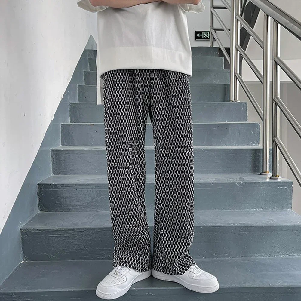 Mens Ice Silk Plaid Loose Wide Leg Pleated Pants Fashion Hip Hop Y2k Streetwear
