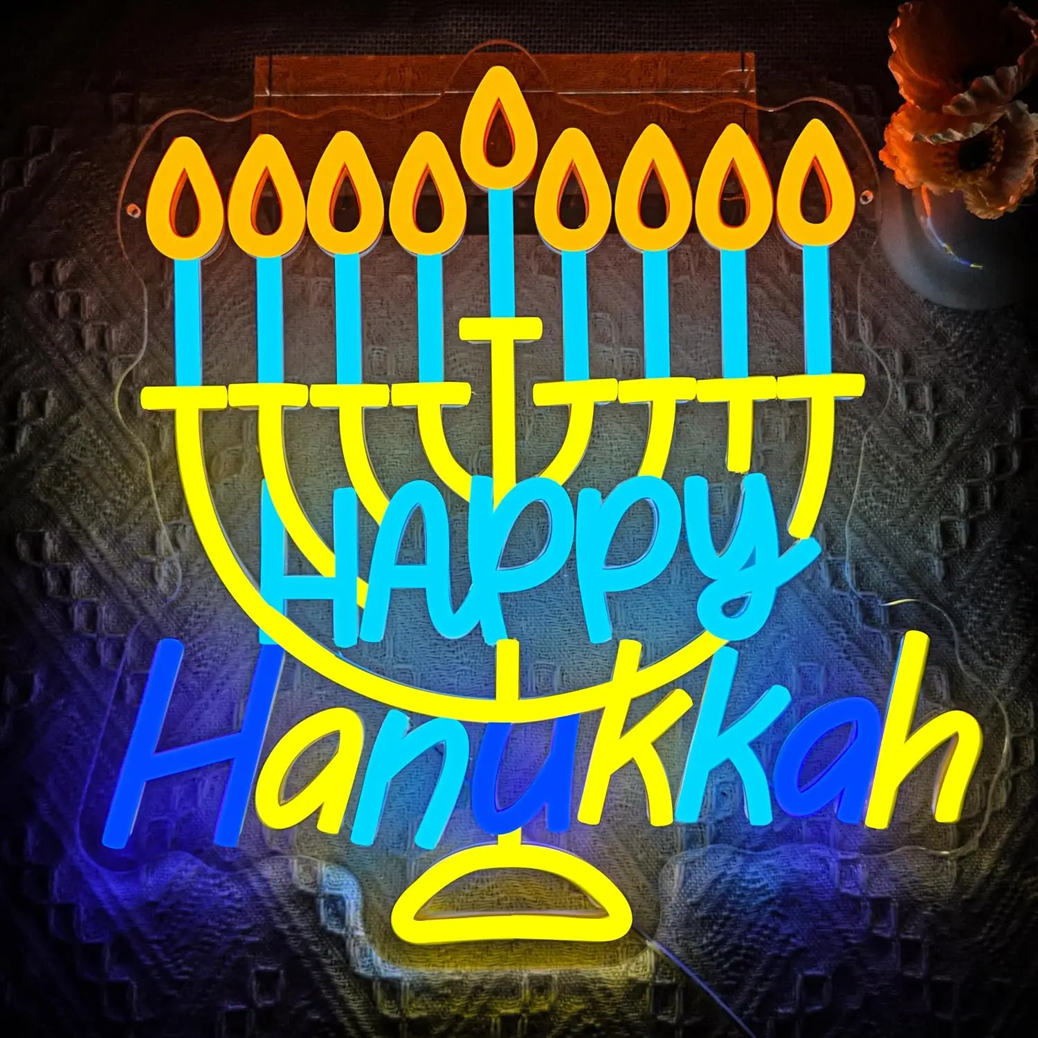 Happy Hanukkah Neon Sign LED Wall Light Jewish Festival Nine Candles Lamp Home Holiday Party Decor Religious Celebration Gift
