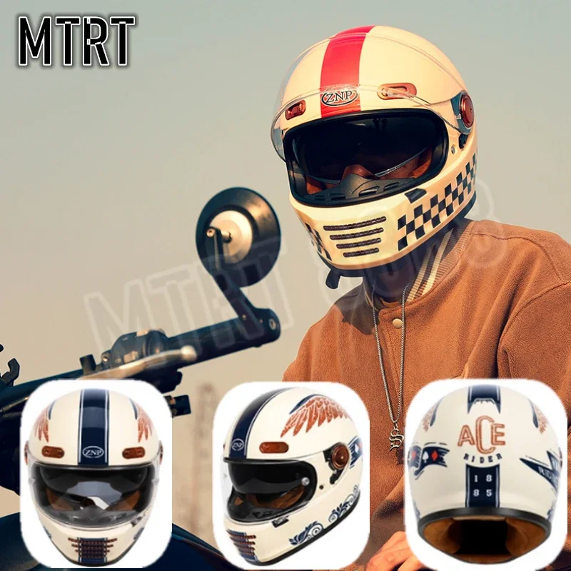 

DOT Certified Adult Men Women with Double Lens Motorcycle Helmet Retro Cruise Latte Free Climbing Full Face Helmet Cacso Moto