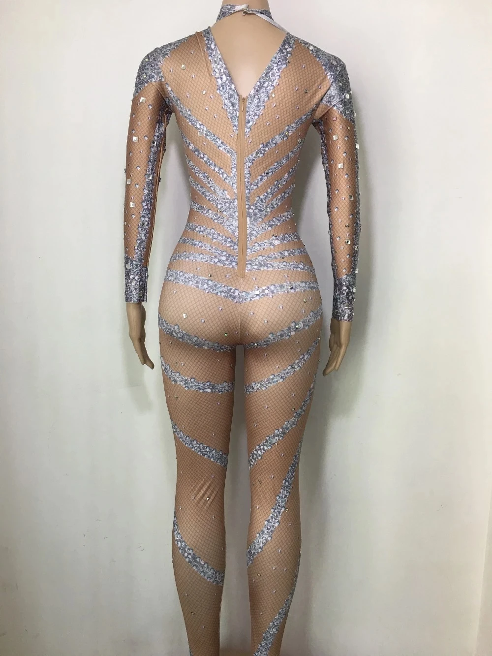 Mono de manga larga con diamantes de imitación brillantes para mujer, leotardo elástico para club nocturno, ropa de escenario, actuación de bailarina de DJ, traje de baile Rave