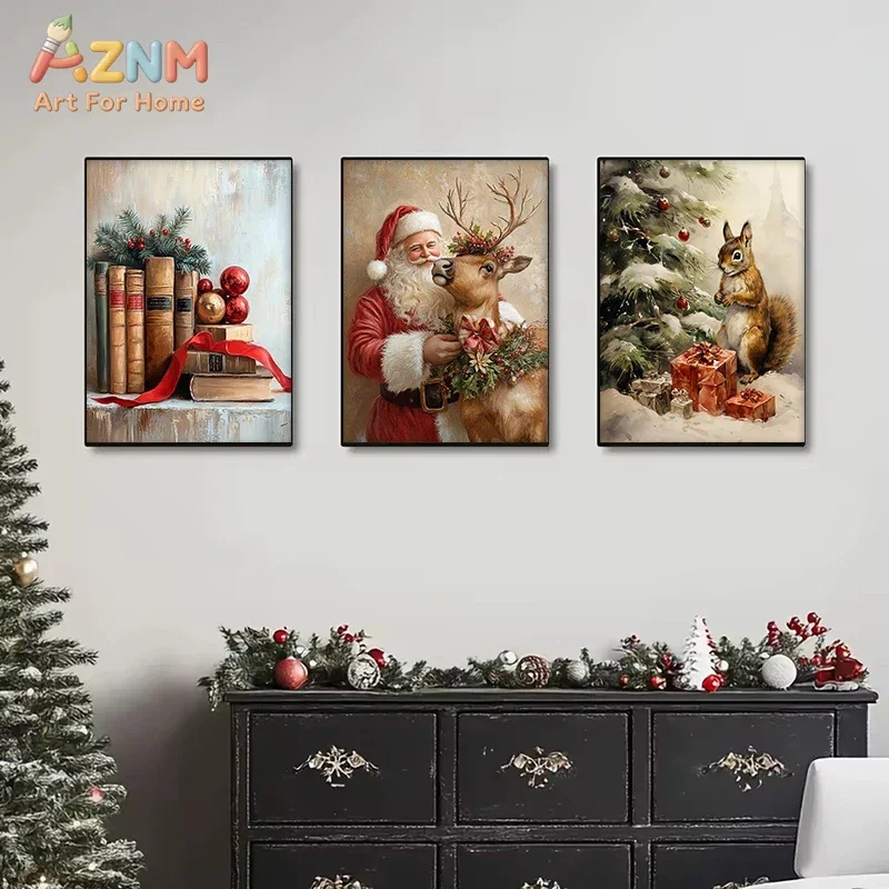 AZNM Frameless Canvas Wall Art, Vintage Christmas Santa Gnome Snowman Bunny Red Truck Print Poster, Retro Winter Holiday Ornamen
