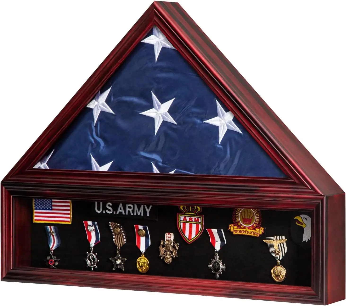 Medium Military Shadow Box with Flag Display Case,Mahogany | Veteran Flag Display,for folded 5'x9.5' military burial flag,Solid