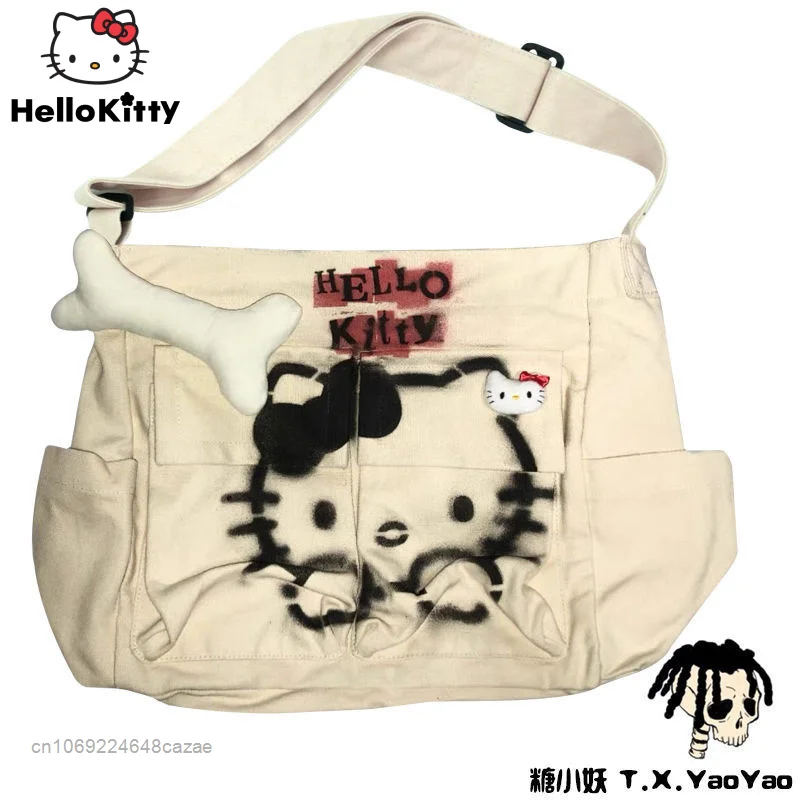 Sanrio Hello Kitty Homemade Hand Painted Schoolbag  Heartbreak Spray Painted Old Cotton Handbag Y2k Spice Girl Couple ArmpitBag