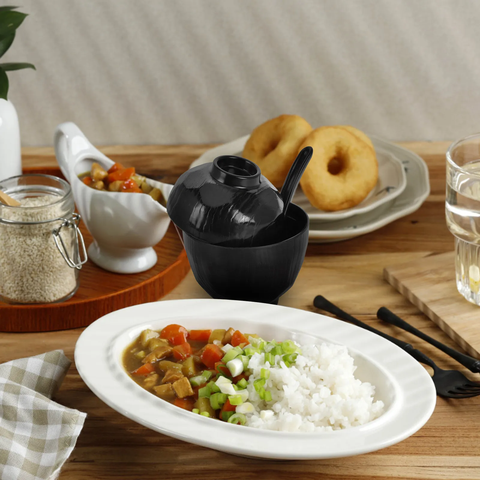 Miso Soup Bowl with Lid Spoon Traditional Japanese Style Heat Retaining Soup Rice Noodle Bowl Asian Tableware for Home