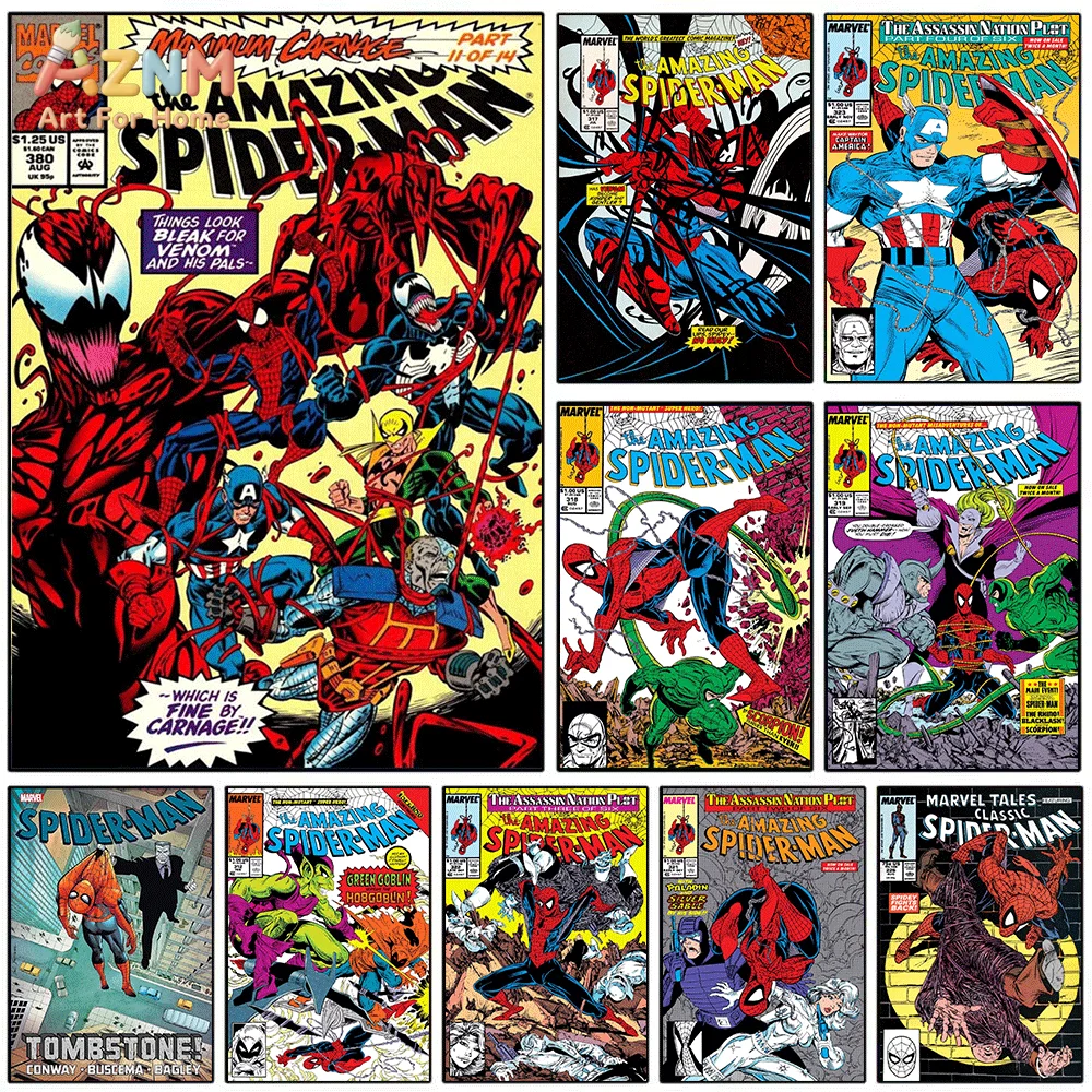 AZNM Maximum Carnage Spider‑Man Vintage Comic‑Book Collage Frameless Canvas Wall‑Art Print Retro Marvel Superhero Comic Cover