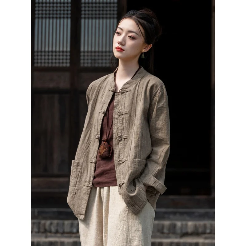 Oversized Shirt Women Ramie Spring Autumn Vintage Long Shirt Tie-dye Oversize Style Novelty Zen Style Tops Coat