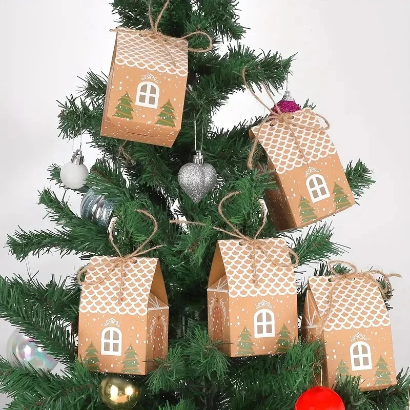 10/20/50Pcs MissDeer Merry Christmas Gift Bags House Shape Kraft Paper Candy Cookie Bags Packaging Boxes Christmas Tree Pendant