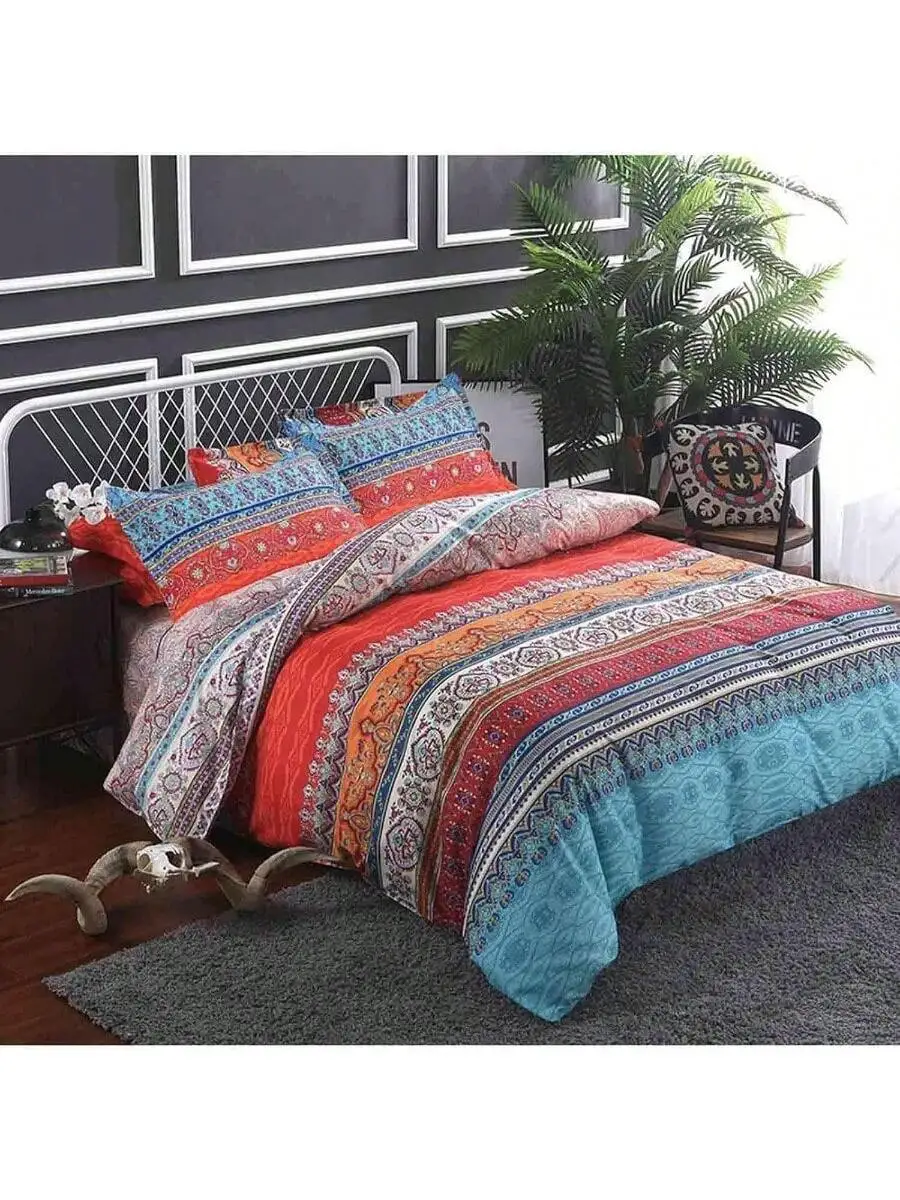 

Boho Colorful Retro Striped Print 3pcs Duvet Cover Set Microfiber Bedding For Adult