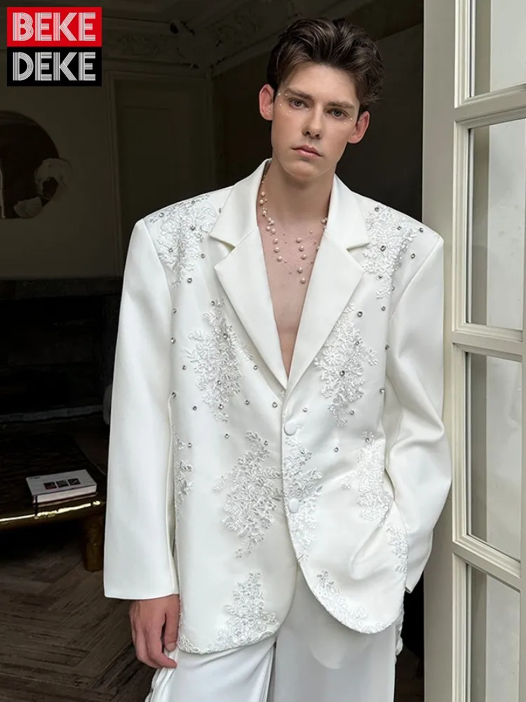 

Дизайнерский банкетный модный мужской пиджак, однобортный свободный крой, украшенный бисером и кристаллами, свободный крой, однотонный элегантный пиджак, пальто
