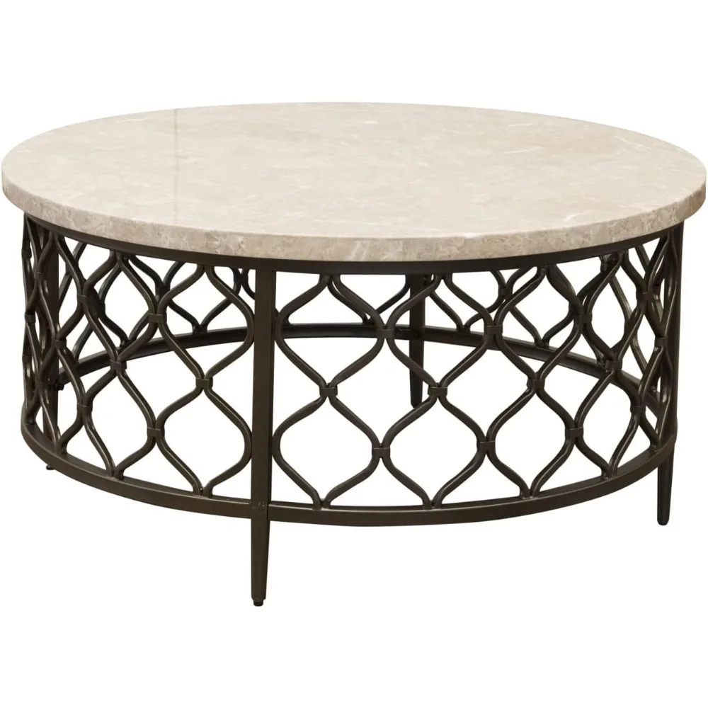 Furniture Roland White Marble Top Cocktail Table, Round Stone Bronze Metal Base Frame, Modern Design, Living Room,