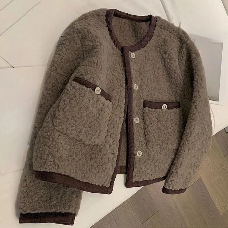 

Куртки для офиса, леди, лоскутное пальто Y2k, винтажное однобортное корейское пальто, Mujer, шикарные темпераментные пальто с карманами из овечьей шерсти