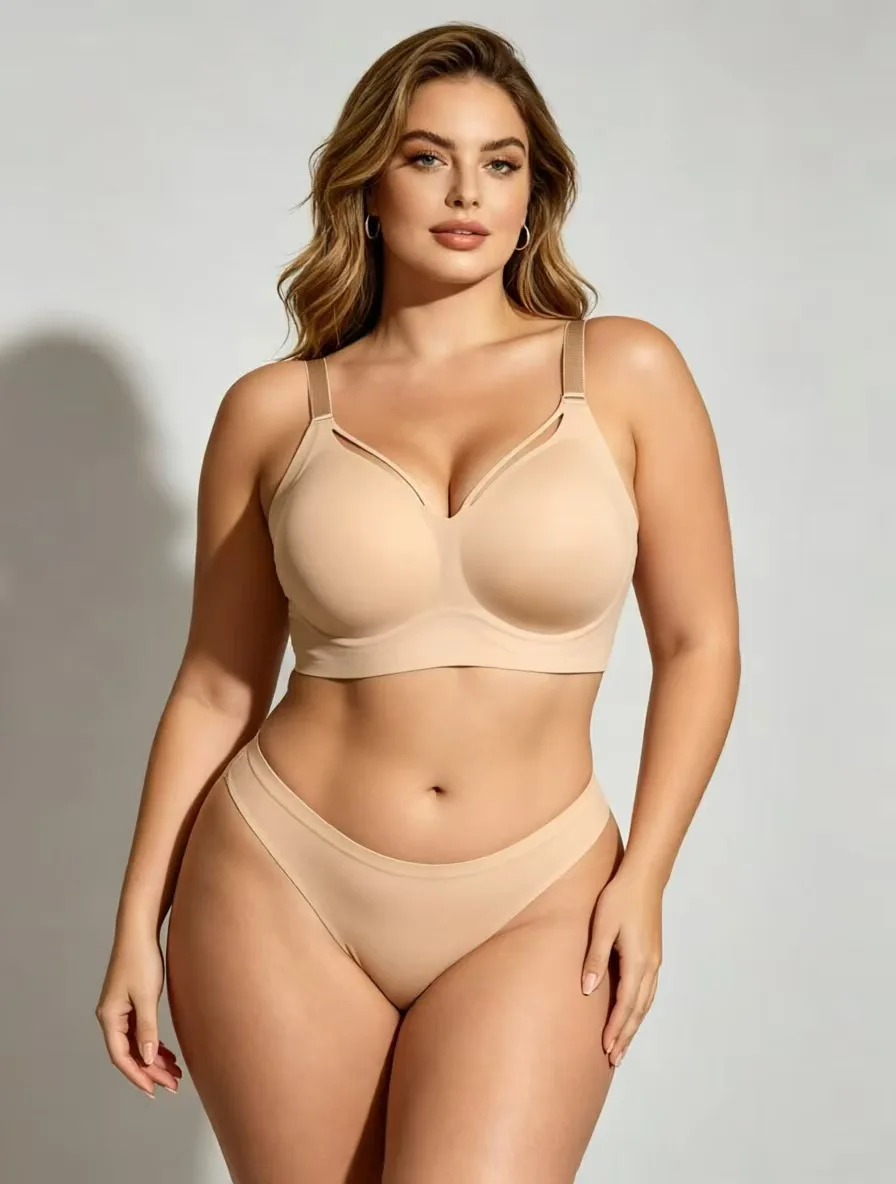 Plus Size Women's Full Cup Wireless Minimizer Bra Anti-Sagging Gathered Full Coverage Brassiere for Large Bust Curvy Ladies