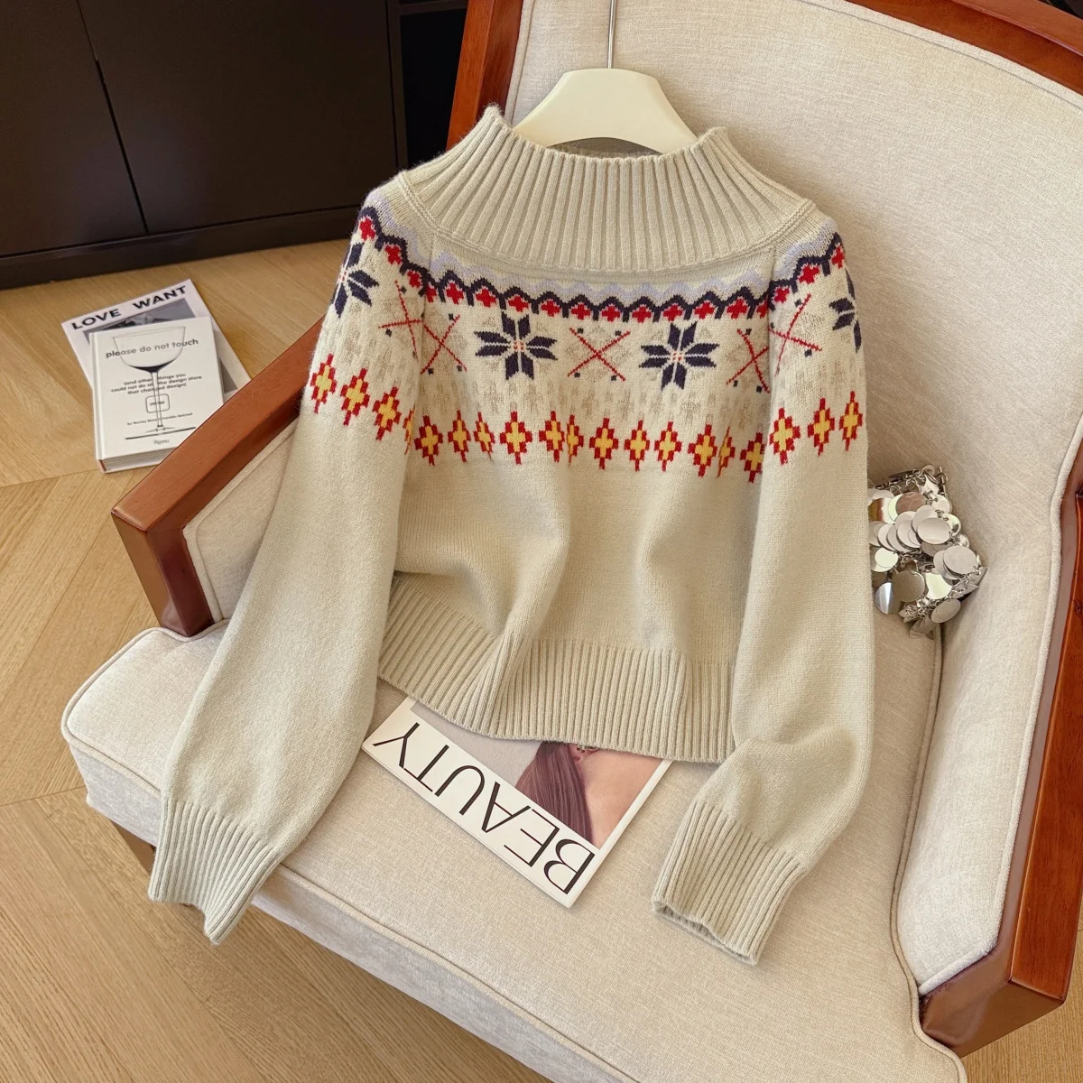 

Women's Khaki Slash Neck Pullover Sweater Vintage Jumper Knit Long Sleeves Jacquard Cashmere Sweater Autumn Winter 2000s Clothes