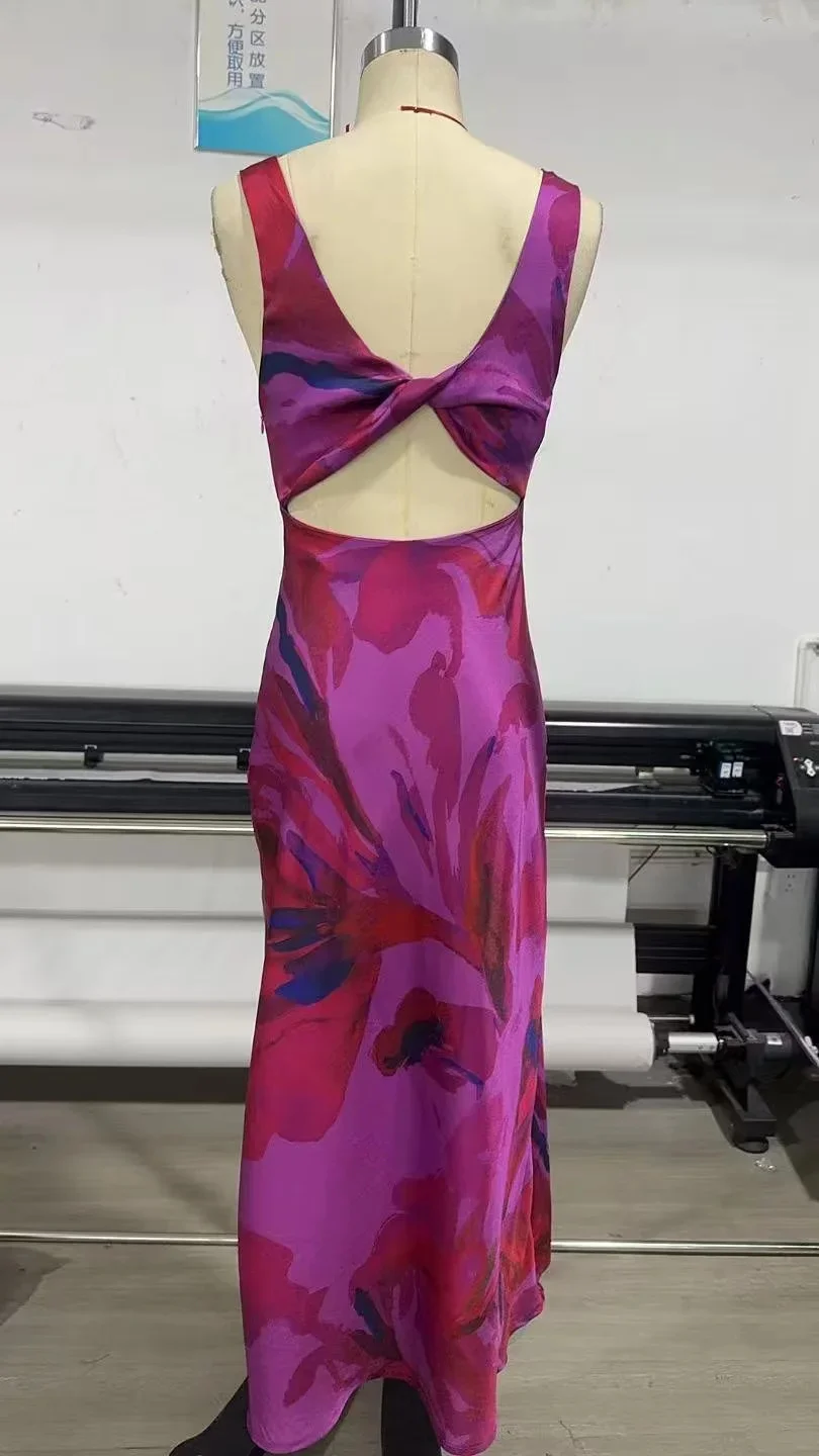 KONDALA 2025 春夏 エレガント レディース ワンピース ファッション プリント Vネック バックレス ノースリーブ ジッパー キャミ ストレート レディース ワンピース