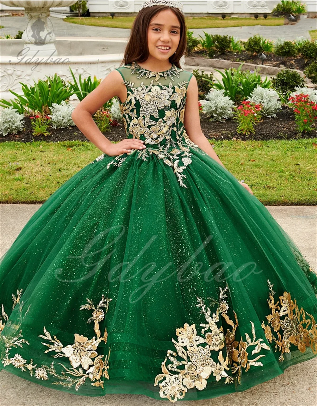 Vestido floral verde para meninas, apliques de casamento, inchado, sem mangas, tule, longo, princesa, festa de aniversário infantil, primeira comunhão, vestido de baile