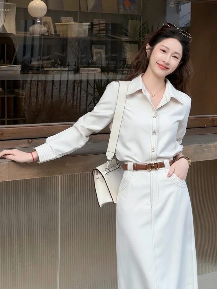 

Белый джинсовый повседневный женский комплект из двух предметов: рубашка с воротником и длинные брюки, новый дизайн, весенний, для повседневной носки и работы, с длинными рукавами