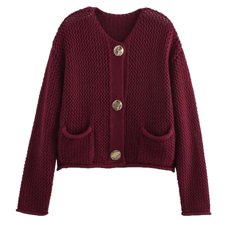 Nuovo maglione cardigan lavorato a maglia bordeaux a maniche lunghe tinta unita moda primavera autunno 2025 per donna