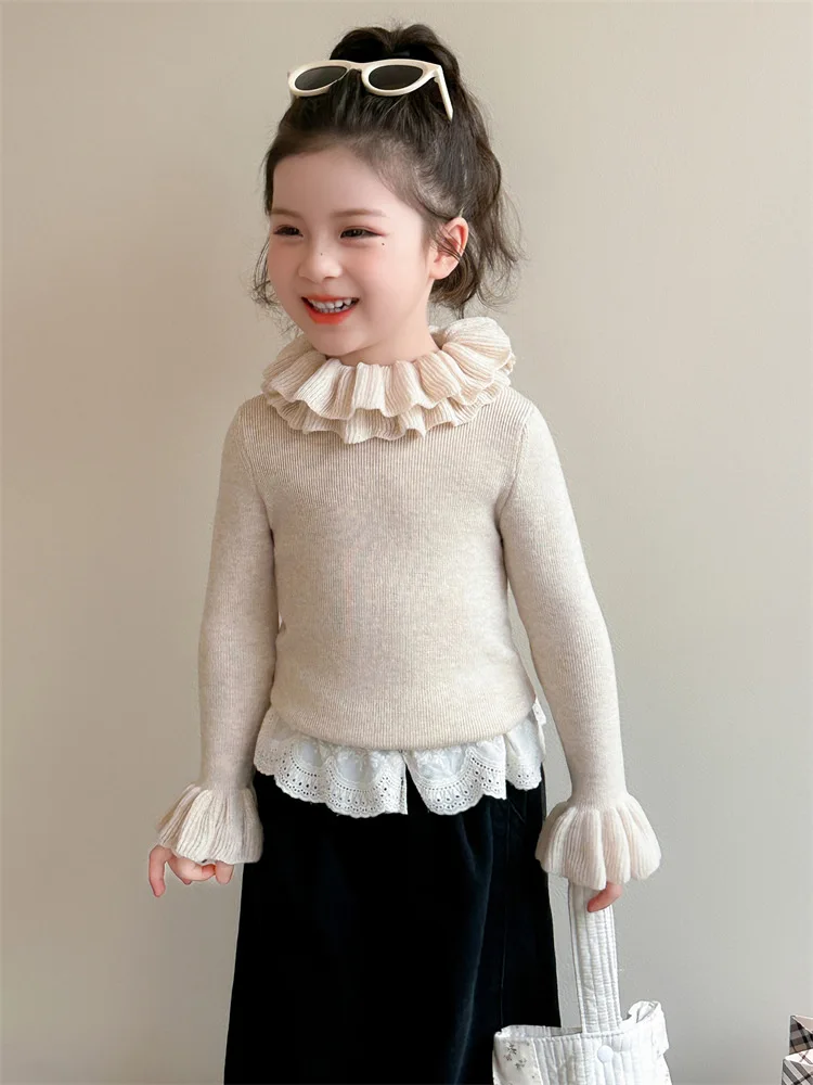 

Girls' Knitted Base Shirt Autumn Winter Outfit2025New Style Inner Wear Little Girl Lace Collar Sweater Children's Top