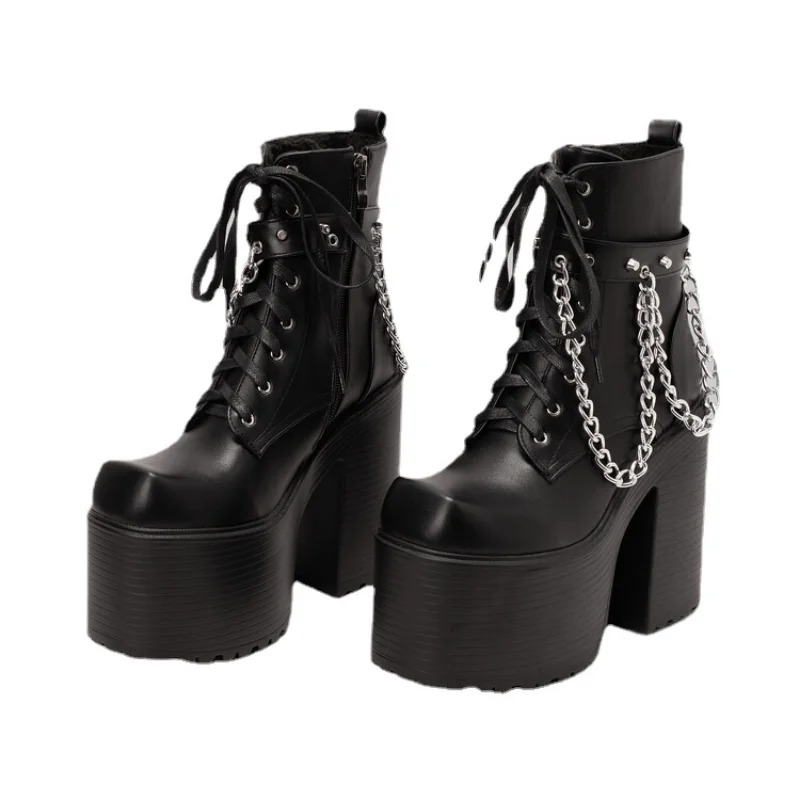 The inside of the zipper Metal chain Lace-up leather ankle Thick Heel shoes esque Round toe Height Increasing